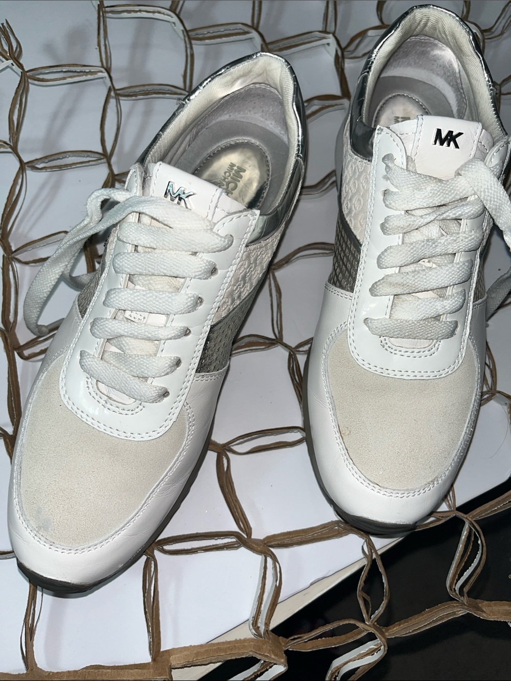 Michael Kors White & Beige Mesh Accent Sneakers